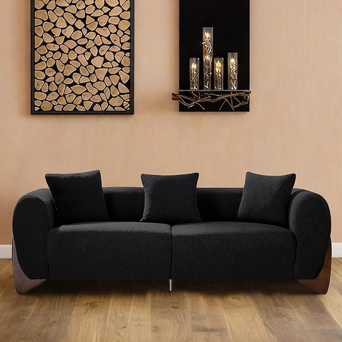 87" Sherpa Boucle Cloud Couch Modern 3 Seater Sofa with Solid Wood Legs, 25" Extra Deep Seat, Comfy Thick Cushion Upholstered Sofa Couches with 3 Pillows for Living Room, Black