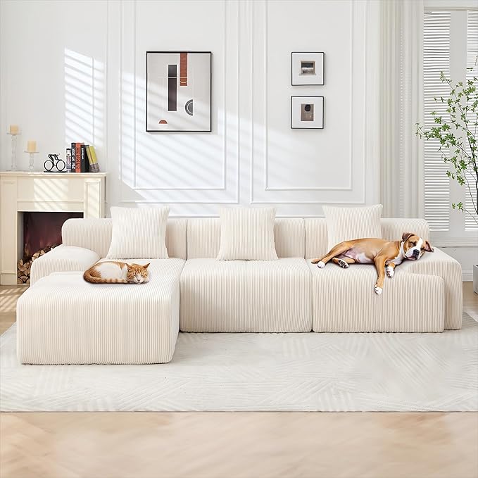 118" Modern L-Shaped Modular Sectional Sofa, Boneless Modular Couches for Living Room, Corduroy Upholstered Sofa with Deep Seat, Oversized 3-Seater Cloud Sectional Couch, No Assembly, Beige