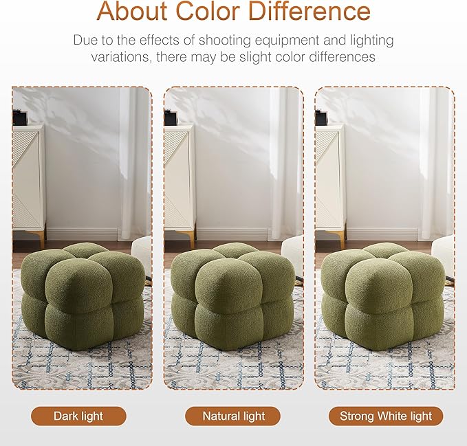 Zesthouse Square Pouf Ottoman Footstool, Modern Ottoman Coffee Table for Living Room, Poofy Boucle Stool Foot Rest, Upholstered Tufted Stool for Couch, Cube Vanity Chair Backless for Bedroom, Green