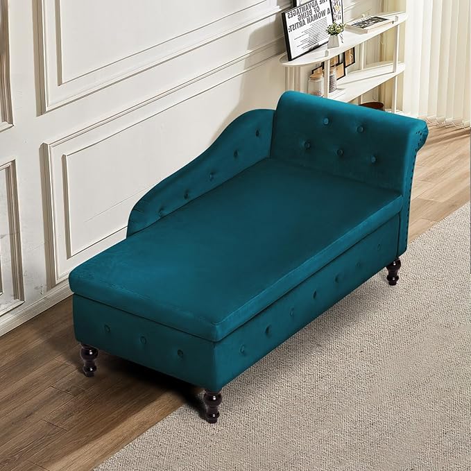 ACMEASE Upholstered Chaise Lounge with Right Armrest & Lumbar Pillow,Button Tufted Lounge Sofa with Storage,Lounge Chair Indoor,Modern Velvet Lounge Chair for Bedroom, Living Room and Office,Teal