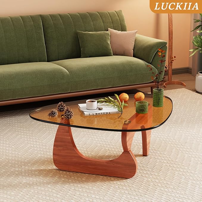 LUCKIIA Coffee Tables Glass Small Farmhouse Coffee Table Mid-Century Modern Wood Center Table for Living Room, Walnut Brown, 45 Inch
