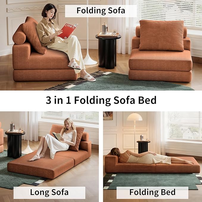 Folding Sofa Bed – Convertible Sleeper Chair Bed with Pillows/Single Floor Couch/Small Futon Couch Filled with High-Density Foam for Lounge, Guest Room or Office (Brown)