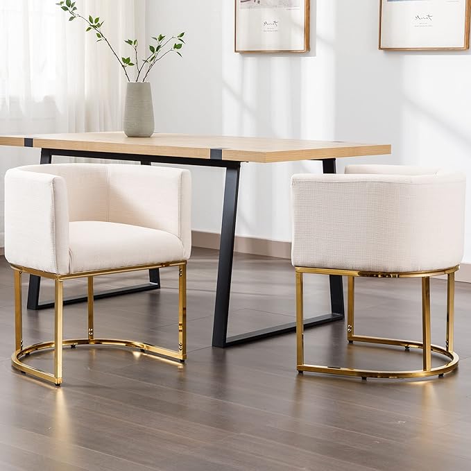 VESCASA Linen Upholstered Dining Chairs with Barrel Back, Mid Century Modern Padded Restaurant Chairs with Gold Metal Frame for Kitchen, Dining Room, Set of 2, Cream