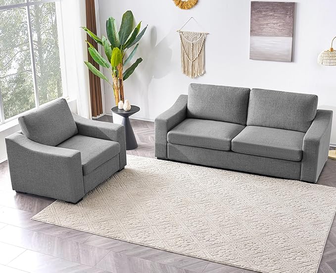 ELUCHANG Modular Sectional Couch Set, 47" Oversize Accent Chair and 85" Modern Loveseat Sofa Deep Couch for Apartment, Living Room, Bedroom, Linen, Grey