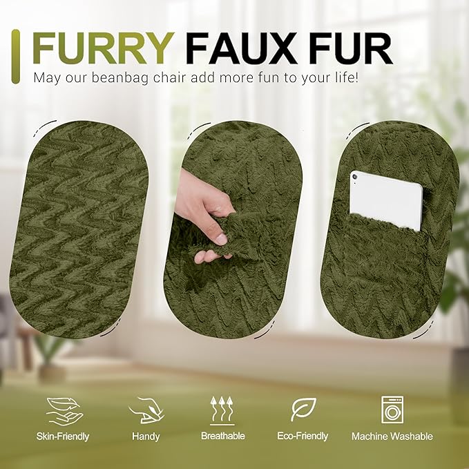 6FT Bean Bag Chair,Giant Bean Bag Chairs for Adults,Big Bean Bags with Memory Foam Filled, Large Beanbag Chairs with Chevron Plush Cover-Green