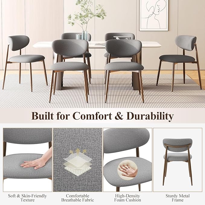 MALOL Dining Chairs Set of 6, Upholstered Dining Room Chairs with Metal Legs and Anti Slip Pads, Curved Back Kitchen Chair for Home and Restaurant Use, Light Grey