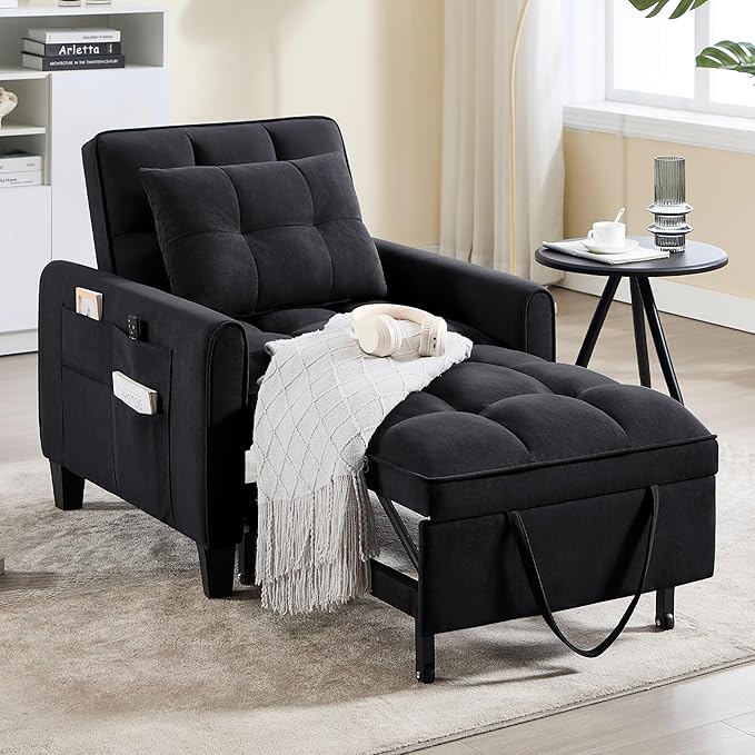 Choairy Modern Black Velvet 3 in 1 Sleeper Chair Bed Pull Out Sofa Bed Chair, Adjustable Backrest, 3 Reclining Positions, Adult Size, Indoor Use
