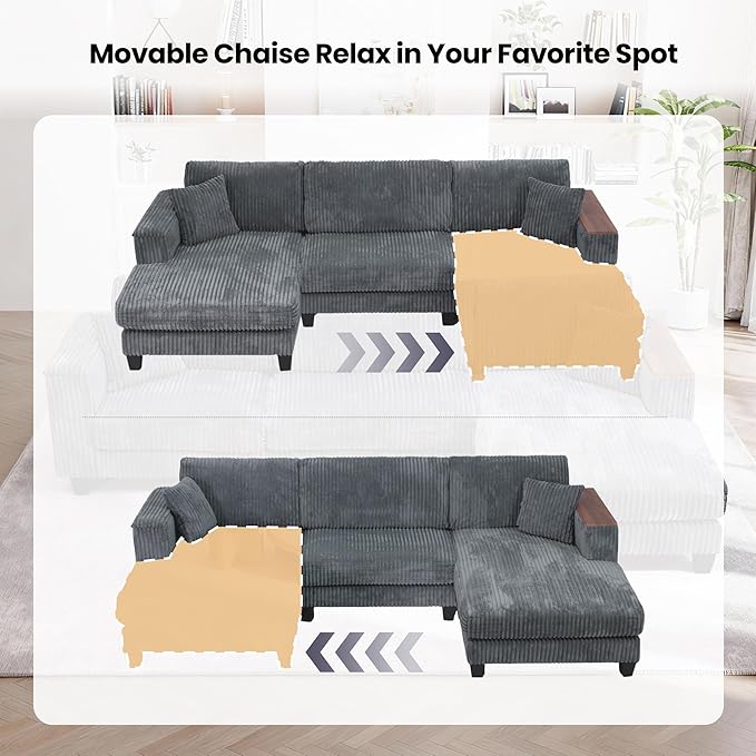FurniMix 4-Seat Corduroy Sectional Sofa with Swappable Chaise, Soft Upholstery, Wide Seats & Armrest Storage,Gray