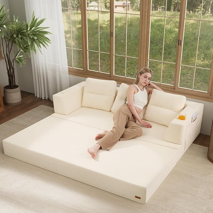 COMAX Futon Sofa Bed Queen, 79" Convertible Sofa Bed Couches for Living Room, 4 in 1 Folding Boneless Sleeper Corduroy Couch Loveseat Foam In a Box, Comfy Foldable Lounge Fold Out Floor Mattress Beige