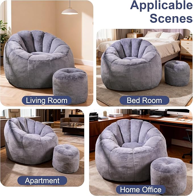 Pumpkin Shaped Bean Bag Chair with Ottoman, Gaint Bean Bag Chair for Adults, Faux Rabbit Fur Comfy BeanBag Floor Sofa Chair for Reading, Playing, Relaxing, Gray