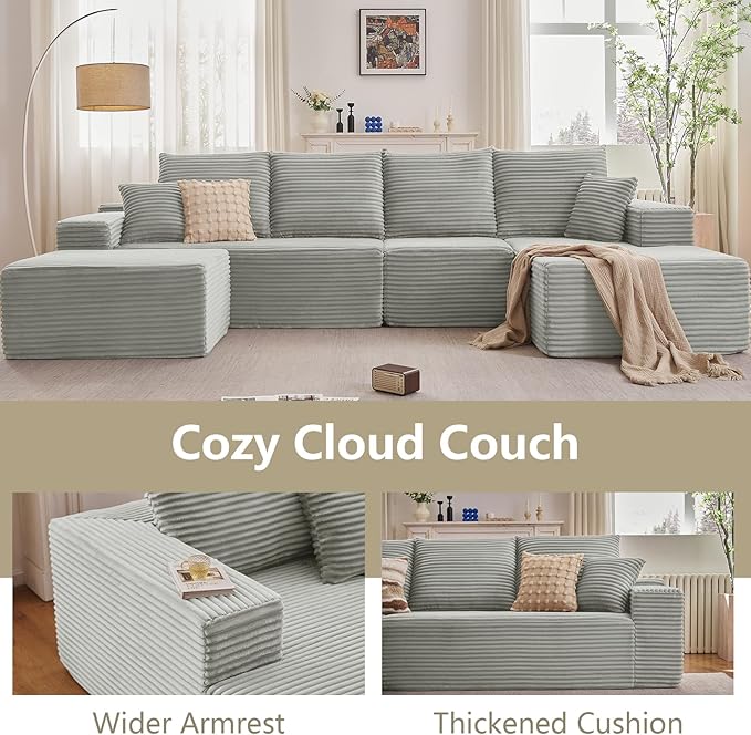 Lakifun 135" U-Shape Cloud Couch, Modern Modular Sectional Comfy L-Shape Sofa with Ottoman, Deep Seat, Upholstered Corduroy Sleeper Chaise Longue for Living Room Bedroom, No Assembly Required, Grey