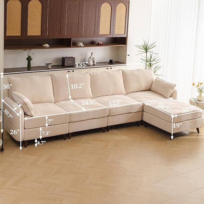 Rexulqo 135'' Modular Sectional Sofa with All Seats Storage, Oversized L Shaped Couch,4-Seater Comfy Cloud Couches with Movable Ottoman,24.5'' Deep Seat,Big Sofas for Living Room,Bedroom,Velet,Cream
