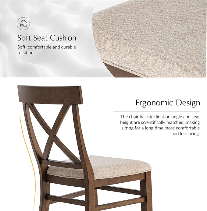 HULALA HOME Solid Wood Dining Chairs Set of 2, Walnut Farmhouse Upholstered Kitchen Dining Room Chair Mid-Century Modern Dinner Chair with Cross Back Wooden Legs for Living Room, Restaurat, Cafe
