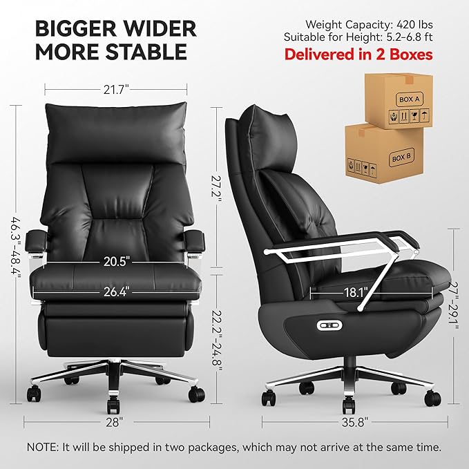 M80 Dual Motor Electric Executive Office Chair with Footrest, Comfortable Reclining Office Chair Wide Seat, Big and Tall Ergonomic Leather Home Office Desk Chair (Black,No Massage)