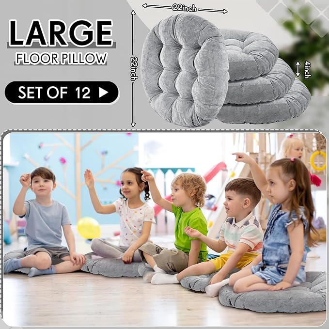 Jerify Floor Pillow Cushions 22 x 22 Inch Round Square Large Meditation Floor Pillow for Classroom Adult Meditation Picnic Party Cushion for Seating Gift Christmas(Round,Light Gray,12 Pcs)