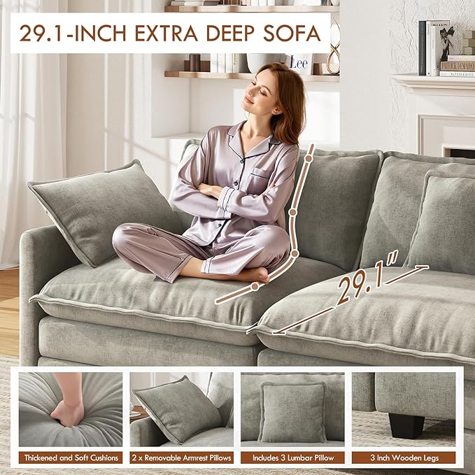 WorthFurni 111.4” Cloud Couch, Modular Sectional Sofa, Comfy Modern 3-Seater Couches with Pillows & Upholstered Deep Seat Cushion for Apartment Living Room Bedroom （Grey）