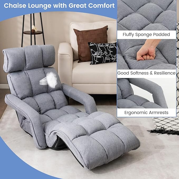 DORTALA Foldable Lazy Floor Sofa, Indoor Chaise Lounge Sofa, 6-Position Folding Padded Lounger Bed with Adjustable Armrest, Backrest and Footrest for Living Room, Bedroom, Office, Gray