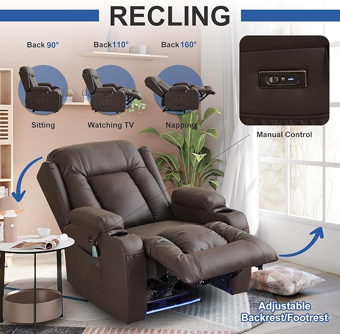 URRED Recliner Chair with Massage and Heat, Power Reclining Sofa Chair Home Theater Seating with LED Ambient Light, USB Ports, Cup Holders, Side Pockets, Faux Leather, Dark Brown