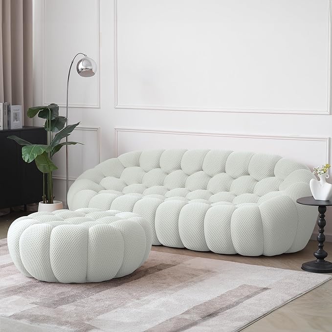 JACH Bubble Sofa with Ottoman, Curved Couch, Comfy Upholstered Sofa, Mesh Fabric 3D Honeycomb Shape Modern Couch for Living Room, Office, Apartment, Small Space (Light Grey)