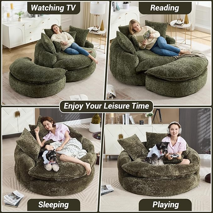 54" Oversized Round Chaise Lounge Indoor Boneless Bean Bag Chair with Movable Ottoman Fluffy Comfy Reading Chair Large Circle Cloud Couch Sleeper Sofa Bed for Living Room, Bedroom, Apartment, Green
