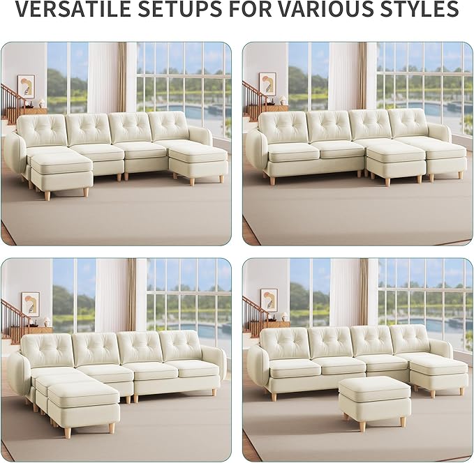 DWVO 108" Modular Sectional Sofa, 6-Seat Convertible U-Shaped Couch with Curved Armrests and 4 Pillows, High-Density Memory Foam for Living Room