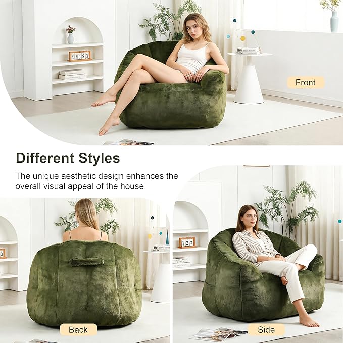 Bean Bag Chair, Bean Bag Couch for Adults and Kids, Comfy Shell-Shaped Chair with Filler Armrests Stuffed High-Density Foam Stuffed Sofa Lounge Floor Sofa for Bedroom,Gaming, Reading,Green