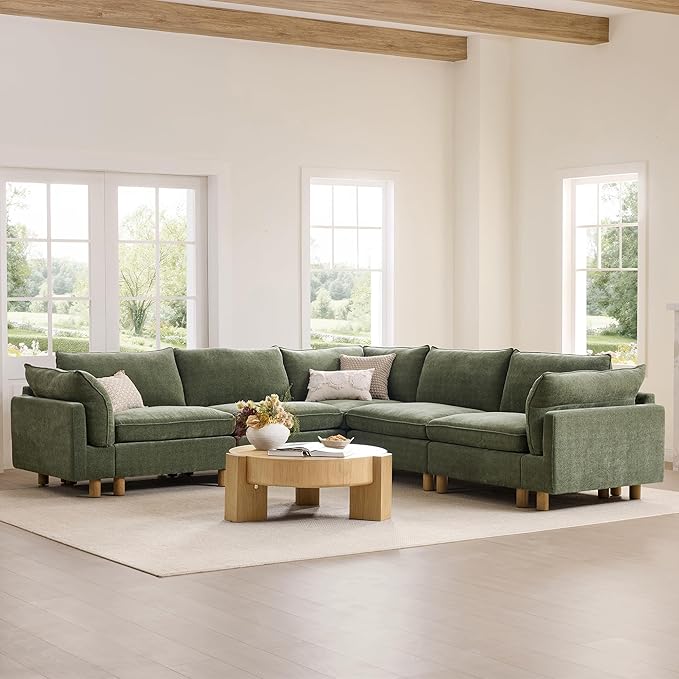 CHITA 118" Super Large Sectional Couches for Living Room, Modular Cloud Couch Sectional Sofa, Premium Fabric Couches, Down Filled, High Density Foam, Chenille in Green, 5 Seat Corner Couch