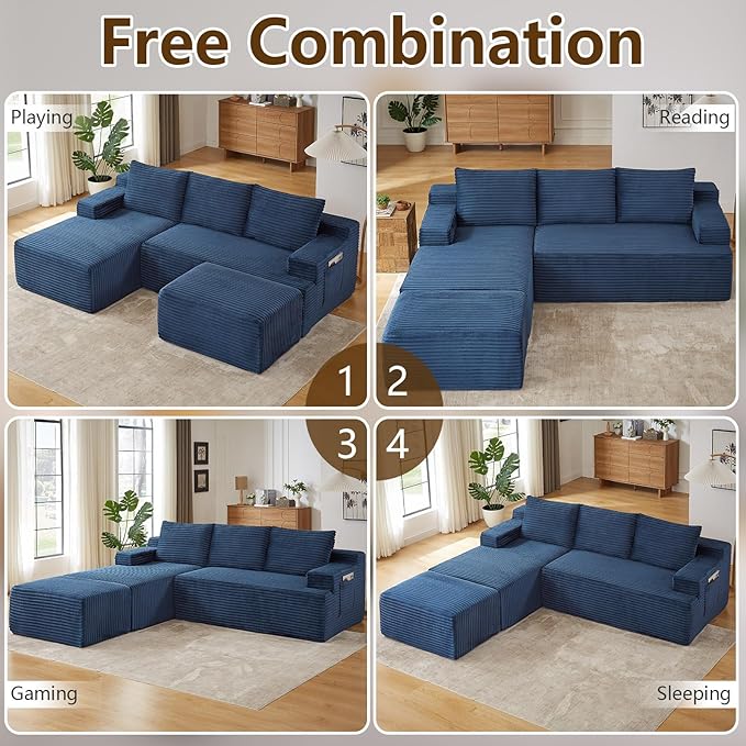 96" U-Shape Cloud Couch, Modern Modular Sectional L-Shape Sofa with Ottoman, Corduroy Upholstered Couches Deep Seat Sleeper Chaise Longue for Living Room, No Assembly Required(Blue, Left Facing)