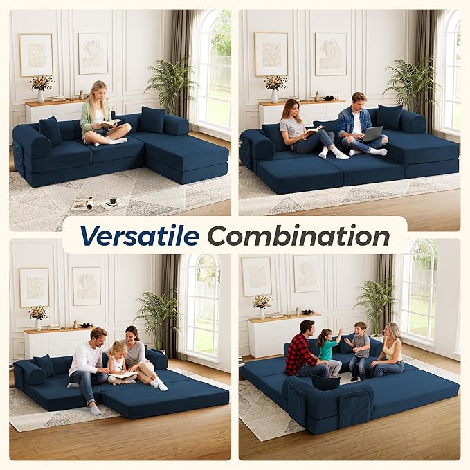 106.3" Oversized Convertible Sleeper Sofa Bed, L Shape Modular Sectional Cloud Sofa with Fixed-Shape Frame, Boneless Couch with Storage Pocket for Living Room, No Assembly Required, Blue