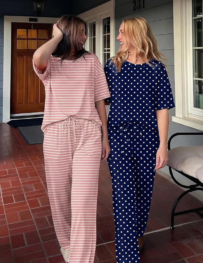 Ekouaer 2 Pack Womens Pajama Sets Short Sleeve Tops and Long Pants Casual Comfy Pjs Lounge Set with Pockets,S-XXL