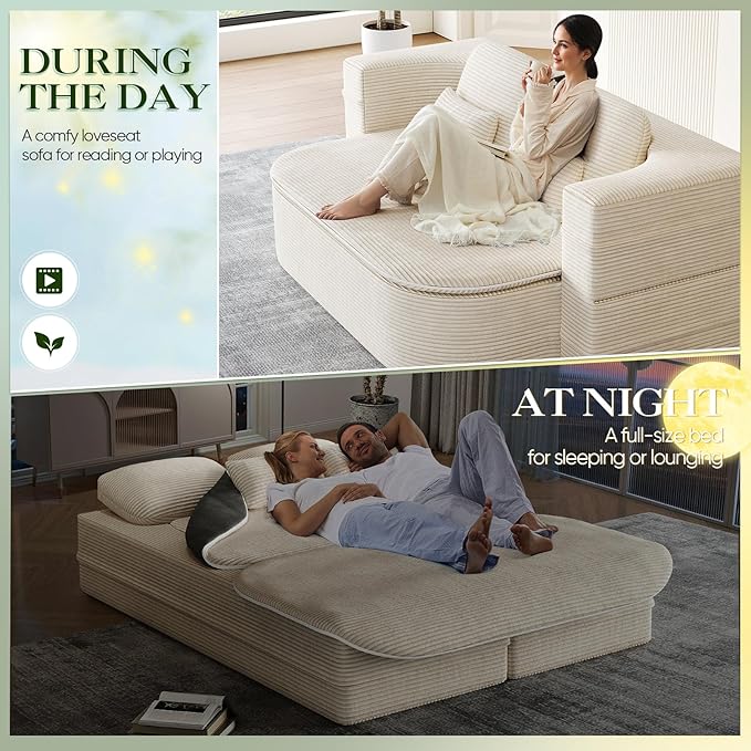 Antetek Convertible Sleeper Sofa, Modern Folding Futon Corduroy Floor Foam Compression Loveseat Sofa Bed Couch, Foldable Full Size Guest Bed with 4 Pillows for Living Room Bedroom Apartment, Beige