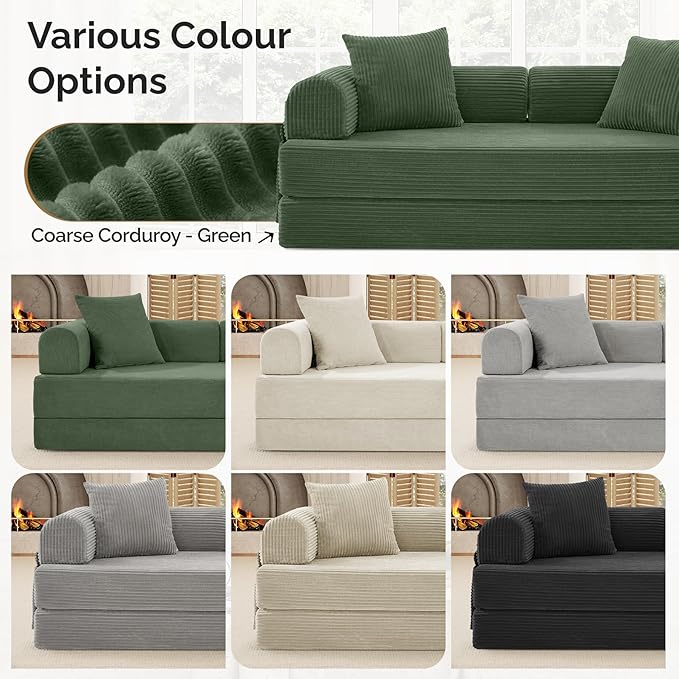 Convertible Coarser Corduroy Sleeper Sofa Bed with Cylindrical Pillow, Folding Mattress Couch with Fixed-Shape Frame, Floor Sofa Lounge Couch for Living Room Bedroom Lounge Studio, Green
