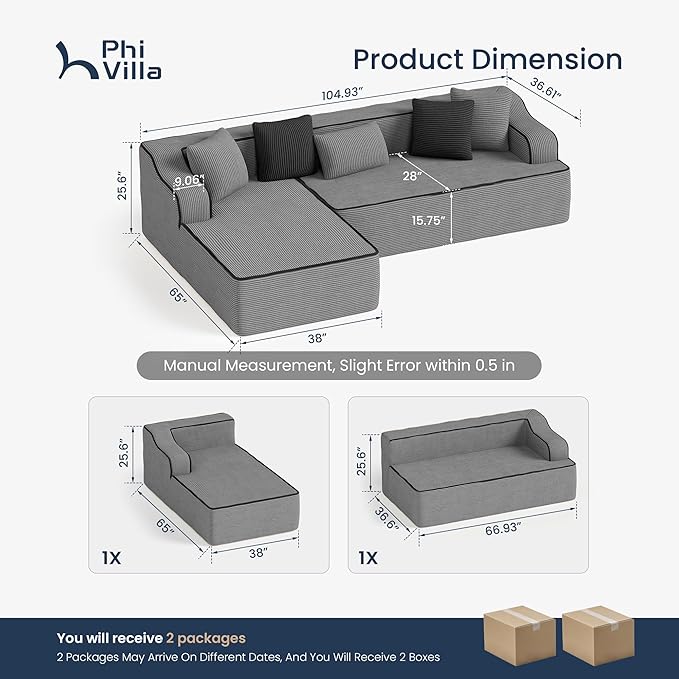 PHI VILLA 104" Cloud Sectional Sofa, Modern L-Shaped Couch with Deep Seat, Compressed Couches for Apartment Living Room, No Assembly Required, Corduroy, Grey