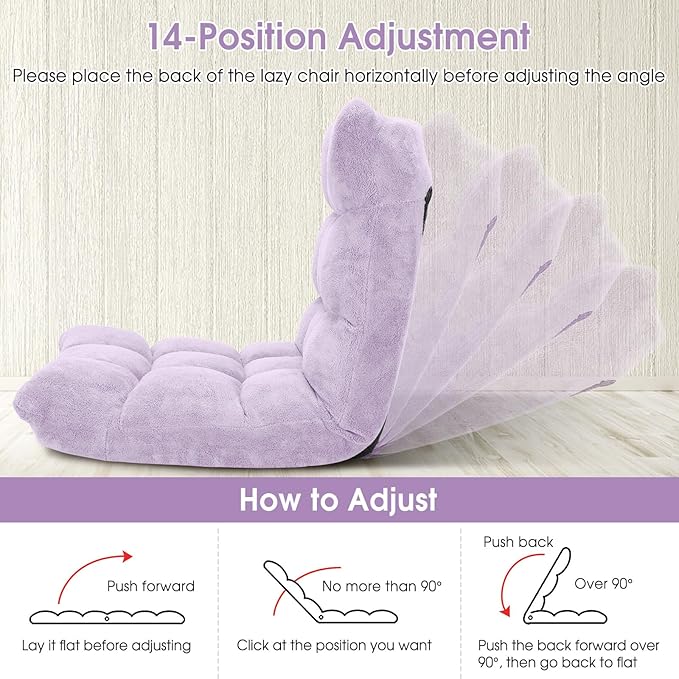Giantex Floor Chair with Back Support, 14 Adjustable Position, Padded Sleeper Bed, Couch Recliner, Folding Gaming Floor Chairs for Adults, Living Room, Bedroom, Yoga, Meditation, Light Purple