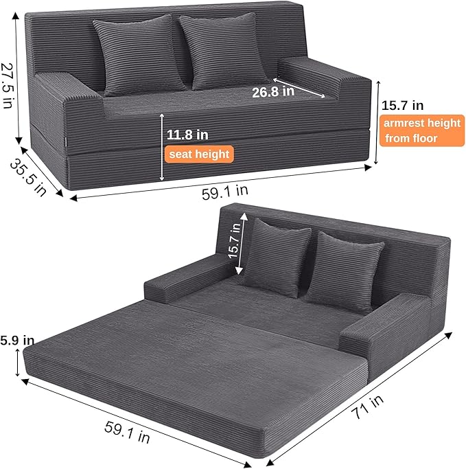 MeMoreCool Folding Sofa Bed Queen – Corduroy Convertible Foam Sleeper Chair, Fold-Out Futon Couch Bed | Machine Washable | High-Density Foam | Guest & Living Room Seating