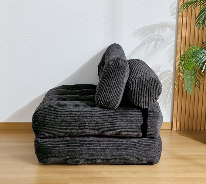 Kisoy Folding Sofa Bed, Convertible Sleeper Chair Couch Bed Faux Rabbit Fur for Adults, with Back Support Floor Couch Comfy Floor Sofa for Living Room Bedroom, Black, Single