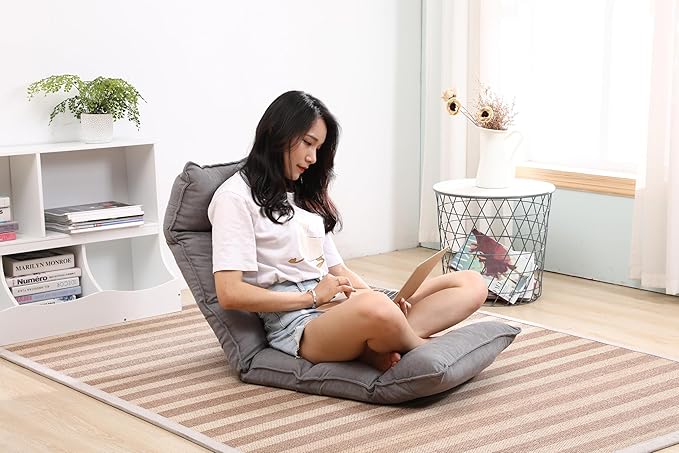 Fabric Folding Floor Chair with Headrest - 6-Position Head & Foot Recliner, 14-Position Lumbar Support - Ergonomic Design for Reading, Gaming, and Relaxation, 014BE