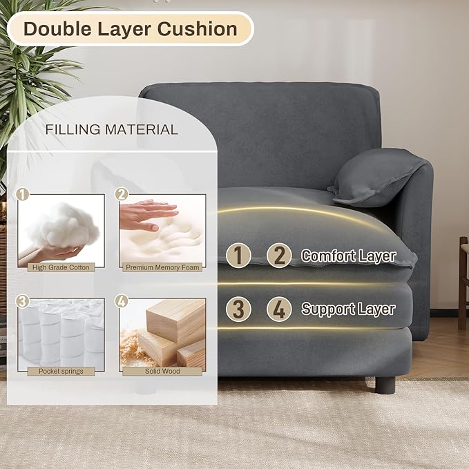 DAMAIFROM Oversized Chaise Lounge Chair Indoor with Ottoman, Firm Solid Wood Frame with Long Service Life Chenille Oversized Lounge Reading Chair for Study Room - Grey