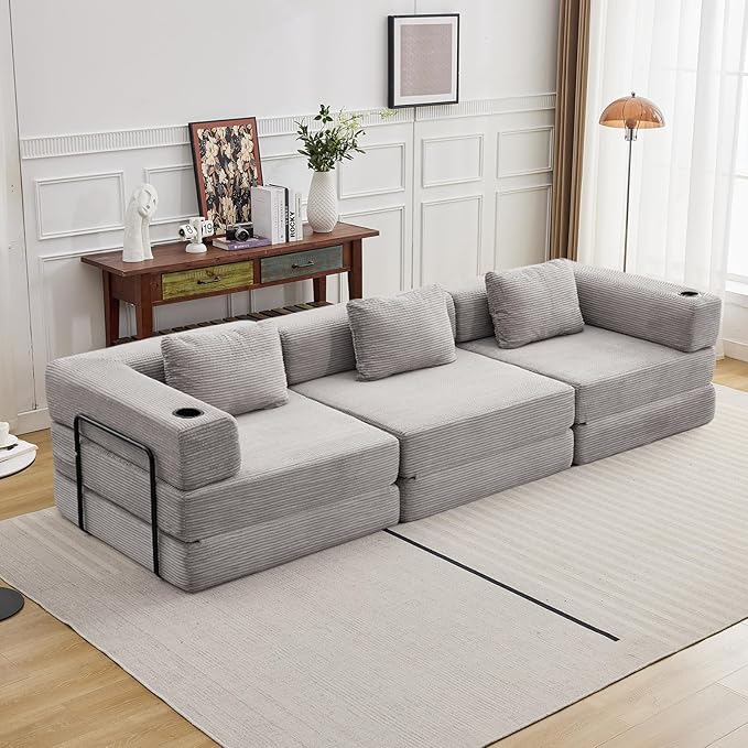 118" Oversized Convertible Sofa Bed, Modular Sectional Sofa with Cup Holder, Boneless Cloud Couch with Pillow Back & Armrest, Fold Out Floor Sofa for Living Room Bedroom Lounge, Corduroy, Light Grey