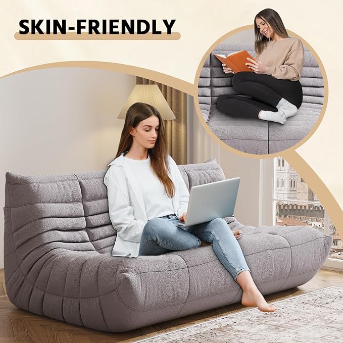 Bean Bag Chair, Fireside Chair, Large Bean Bag Chair for Adults, Bean Bag Chairs for Teens with High-Resilience Foam, Non-Slip Base Floor Lounge Sofa,Living Room (Gray, 3-Seater)