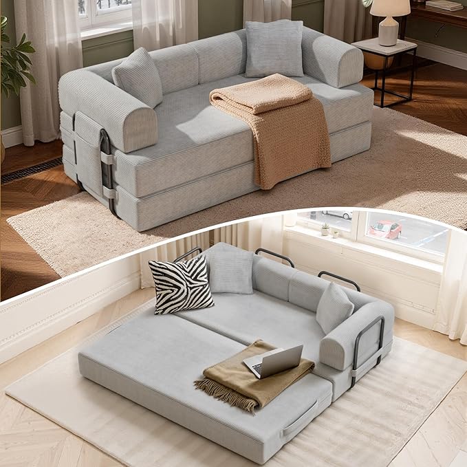 Convertible Corduroy Sleeper Sofa Bed with Cylindrical Pillows, Convertible Mattress Sofa with Fixed Shape Frame, Living Room Bedroom Lounge Studio Use Floor Sofa Lounge,Grey