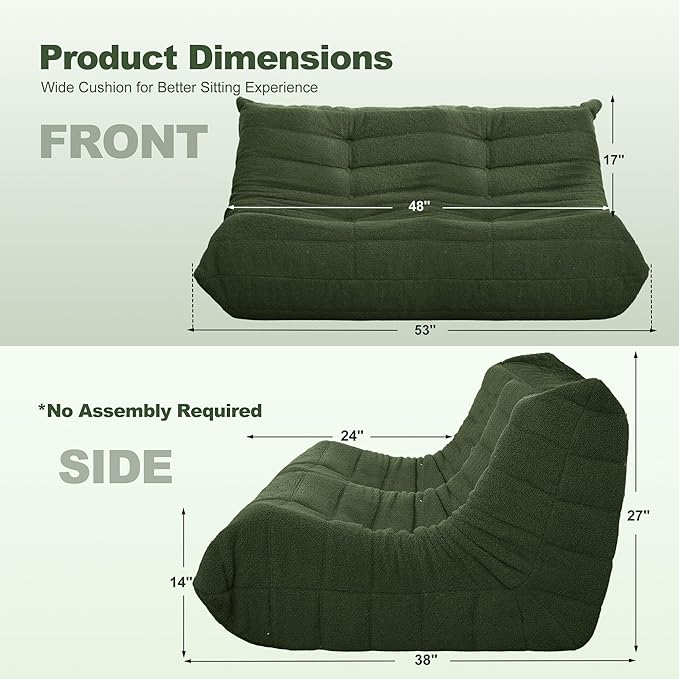 Bean Bag Loveseat Chair Big Sofa Beanbag Chair for Adults Fireside Chair Bean Bag Lounger with Memory Foam Filled for Home,Apartment or Gaming Venue（Green Teddy）