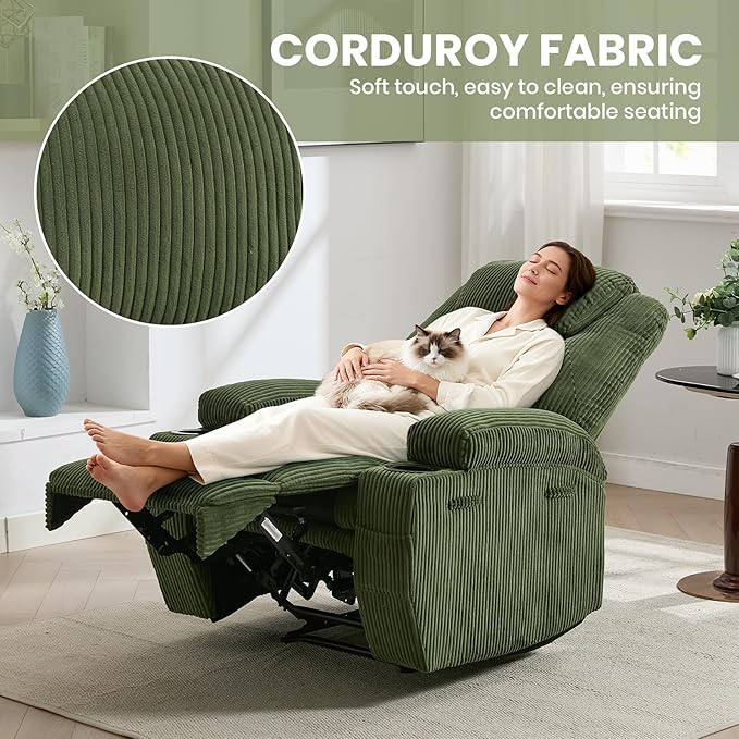 Massage Recliner Chair with Heat - Ultra-Comfortable Reclining (135° Adjustable), Dual Cup Holders & Side Storage Pockets, Easy Tool Assembly, Dark Green