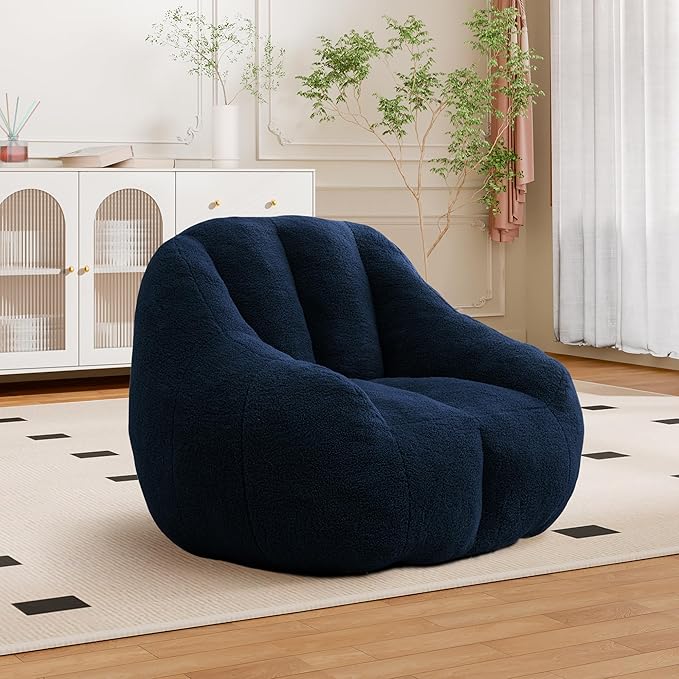 Setawix Bean Bag Chair with Filler, Comfy Teddy Bean Bag Chairs for Adults and Kids, Cozy BeanBag Sofa Fully Floor Couch with Memory Foam for Living Room Bedroom,Dark Blue