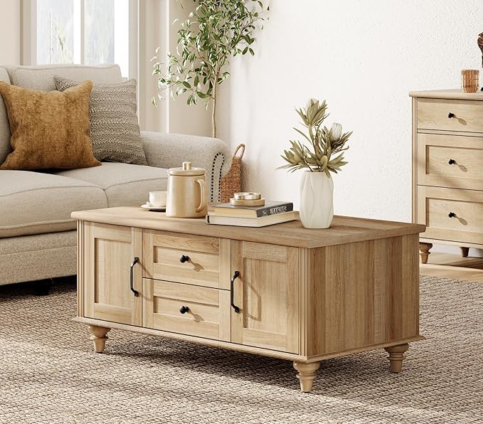 WAMPAT Oak Coffee Table with Drawer & Storage Cabinet, Farmhouse Rustic Center Table for Living Room, Rectangle Wooden Cocktail Table Tea Table for Home, Office