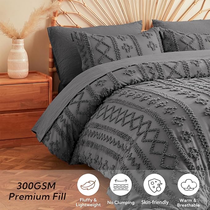 MR&HM Queen Comforter Set Dark Grey, 7 Pieces Tufted Boho Beddding Sets, Farmhouse Style Bed in a Bag with 1 Comforter, 2 Pillow Shams, 2 Pillowcases, 1 Flat Sheet, 1 Fitted Sheet for All Seasons