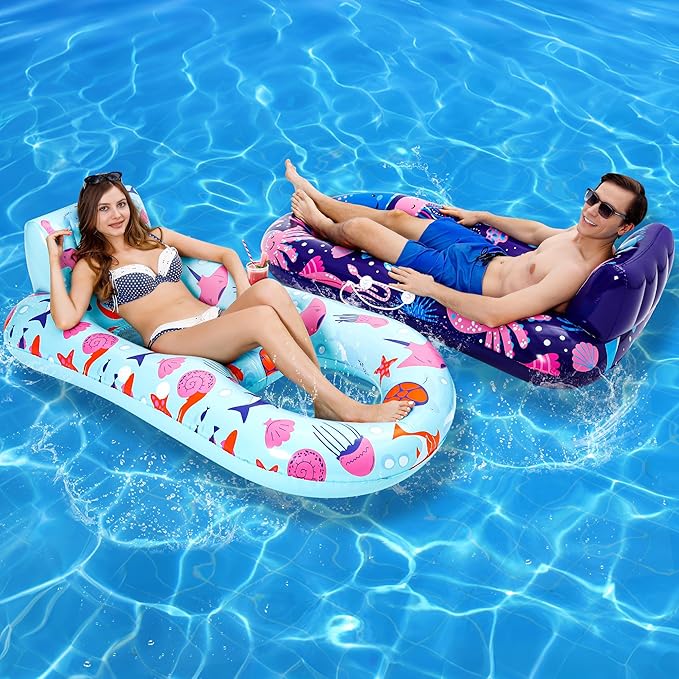 PuppyuWill 2 Pack Pool Floats Adult,Inflatable Pool Lounger Float Heavy Duty with Cup Holder, Backrest & Footrest Pool Lounge Float Extra Large Pool Rafts for Adults Beach Lake Party
