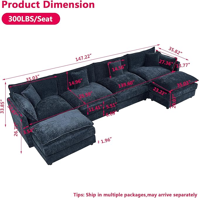 Aoowow Modular Sectional Sofa Modern Convertible U Shaped Couch,147.2 Inch Deep 4-Seater Sofas Set Comfy Chenille Cloud Sofas and Couches with Movable Ottoman for Living Room Apartment（Blue）