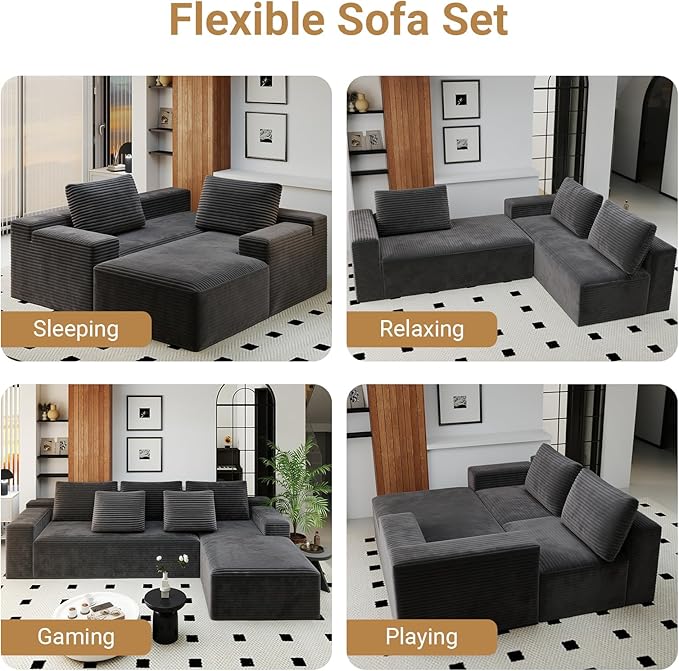 KAPEETOO Modular Sectional Sofa Cloud Couch for Living Room, Right L Shaped Boneless Couch with Chaise Longue, Oversize 3-Seater Sectional Sleeper Sofa Set with Deep Seat Bedroom (Grey)