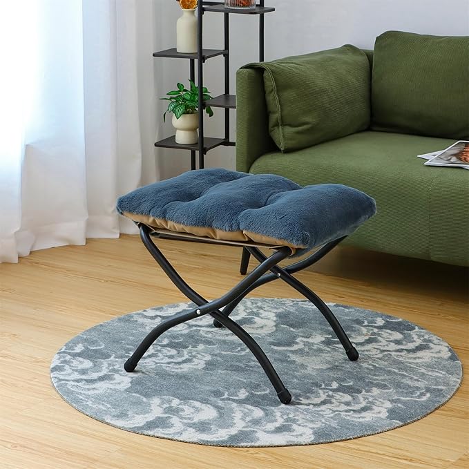 Mordchil HF 15"(H) Folding Ottoman, Foldable Footrest Stool, Portable Small Foot Stool for Couch, Collapsible Foot Rest Ottoman for Sofa, Accent Padded Ottomans for Living Room, Bedroom, Navy Blue